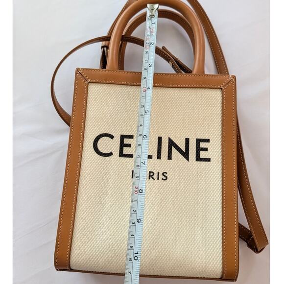 Celine Tan/Natural Mini Cabas Vertical Leather/Textile Logo Tote Bag - Picture 9 of 12